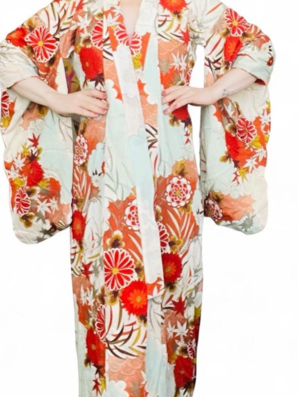 Vintage-Inspired Floral Kimono Jacket in Light Blue and Cream